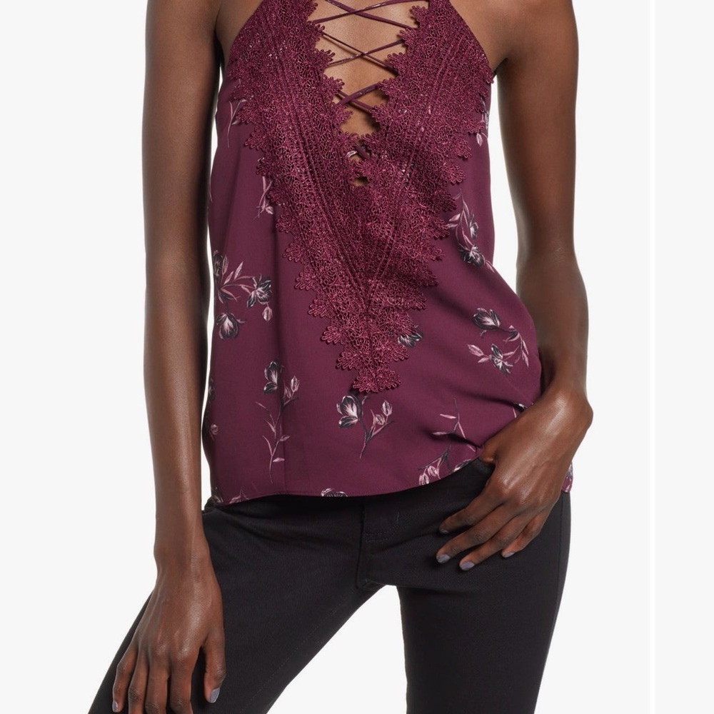 Wayf Plum Floral Lace-Up Halter Camisole